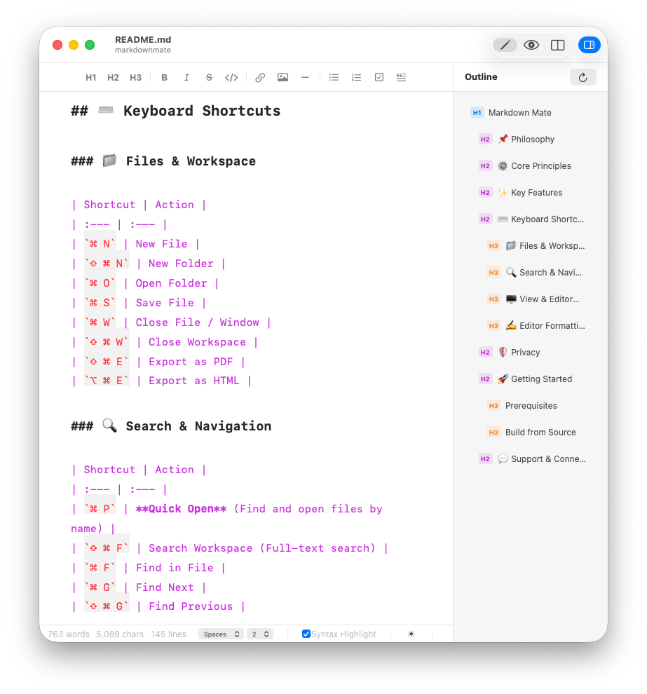 Markdown Mate's editor, toolbar, and document outline